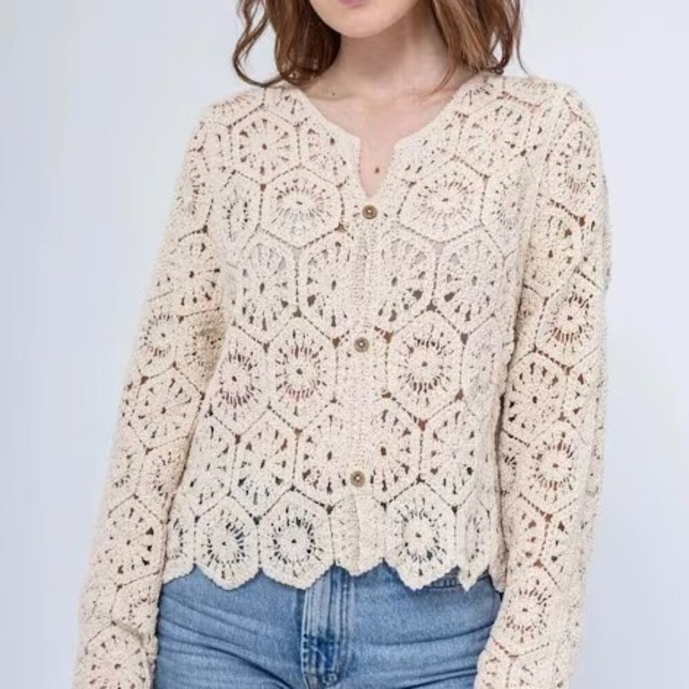 Rebellion Crocheted Cardigan Women's M Cropped Sweater Cream  NEW - Picture 3 of 13